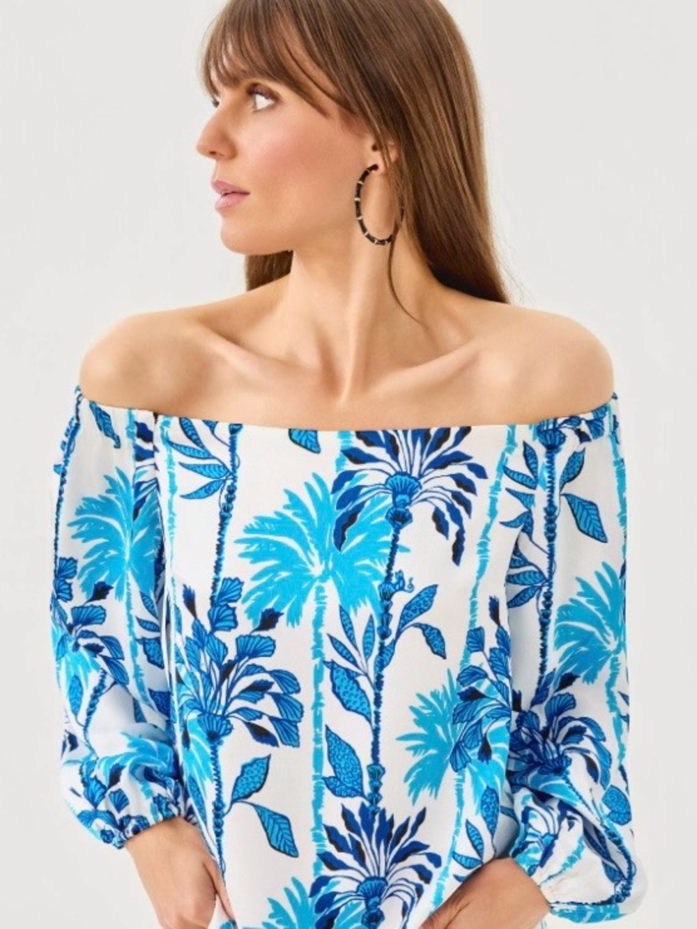 Lilly Pulitzer Elizabethany Sugar Blue and White Tropical Print Off-Shoulder Top